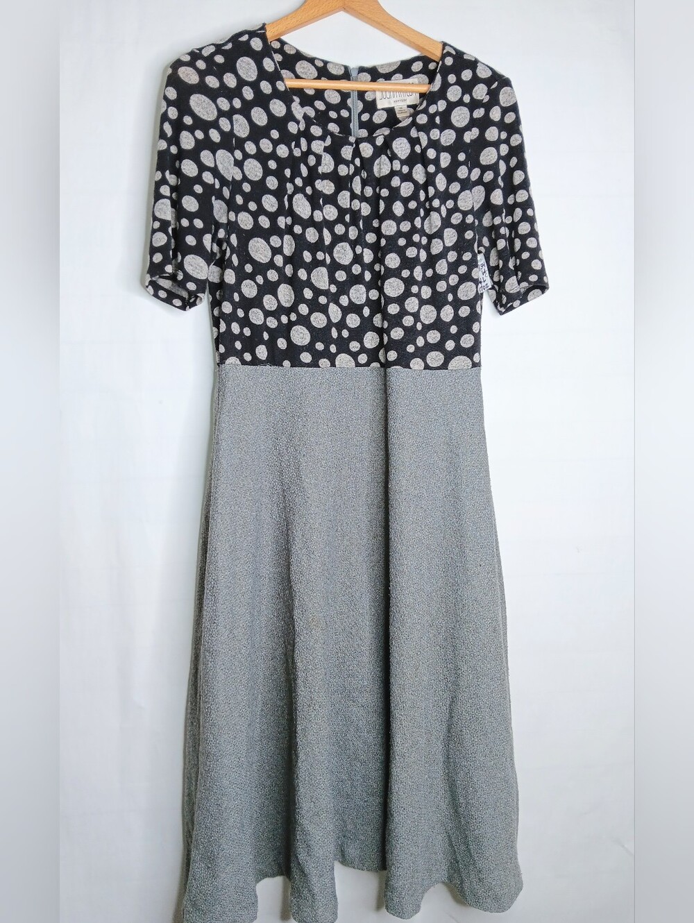 Jullian Taylor 14 Vintage A-line Dress Gray Black Polka Dot Faux Tweed